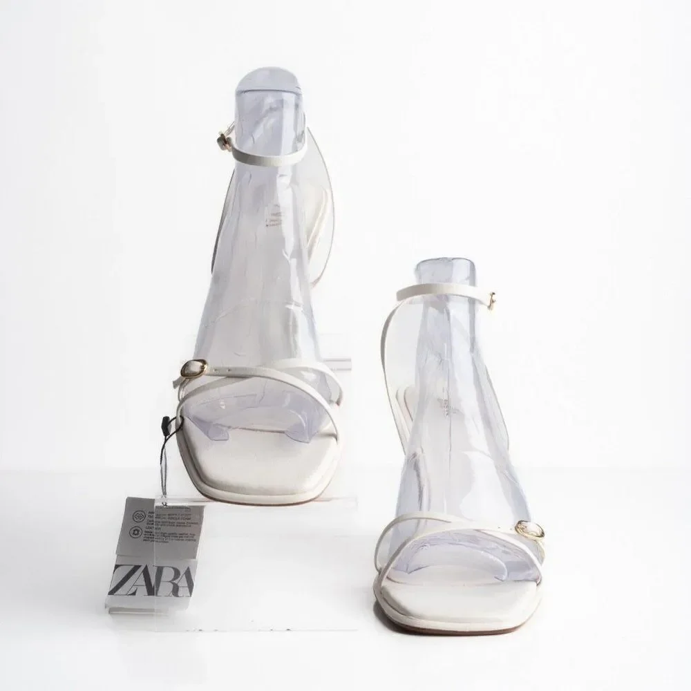 Zara Womens Crossed Strap Heels Sandals White Leather 2337/110 US 9 EU 40 NWT - Picture 4 of 8